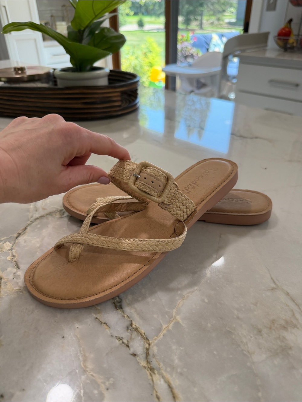 Splendid Tan Woven Buckle Thong Sandals